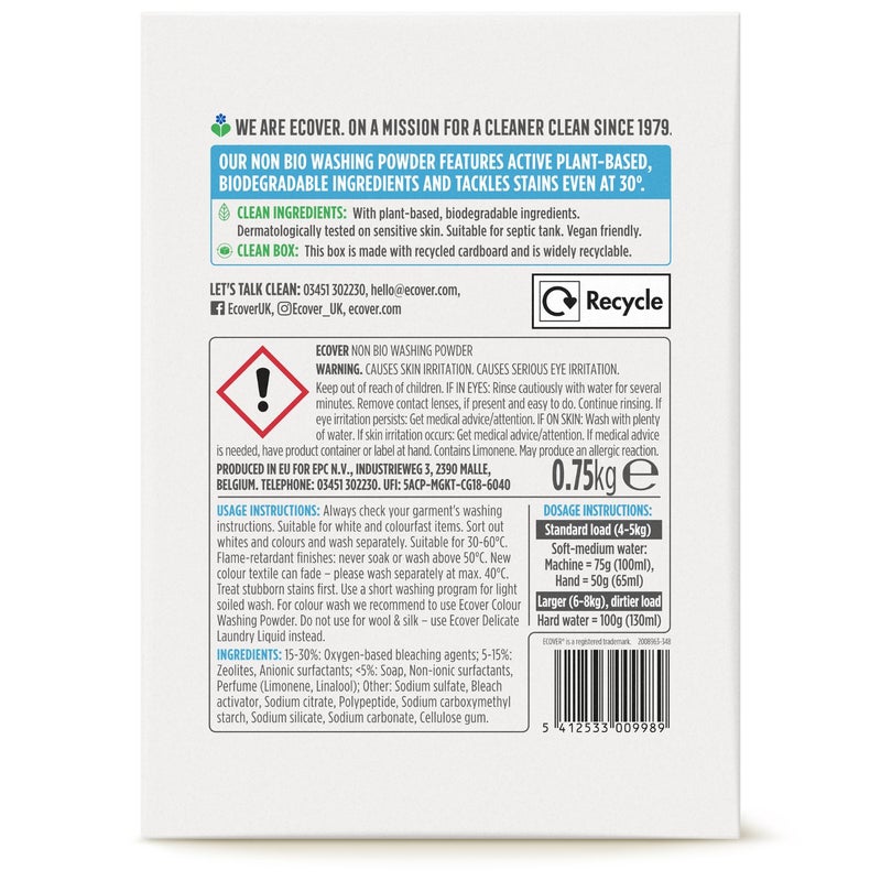 ecover Non-Bio Laundry Detergent Powder for Bright White and Color Garments - 750 grams - Image 2